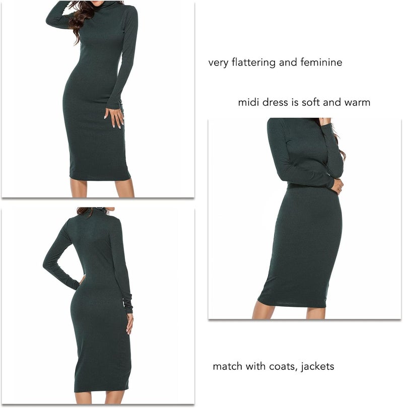 woobles Turtleneck Knit Sweater Stretch Dress, Solid Color Elastic Basic Turtleneck Ribbed Sweater Dress for Winter for Party Date M - Image 2